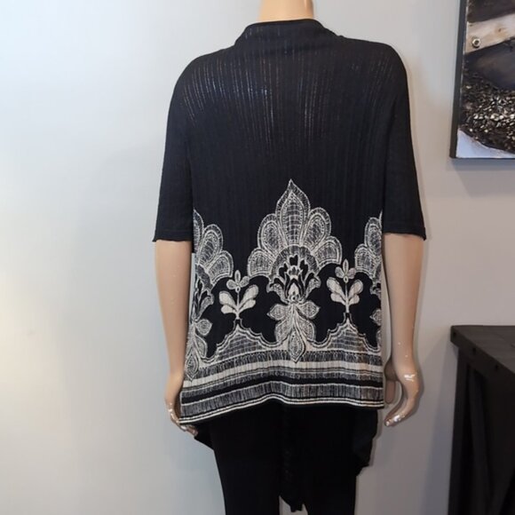 Vintage Chicos Damask Modal Cardigan Open Flyaway Front Short Sleeve Ribbed Knit - Picture 8 of 17